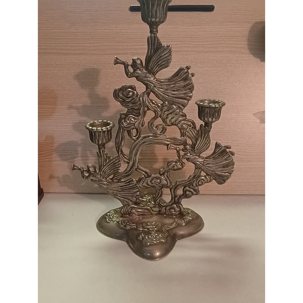 Vintage Silver Tone Angel Candelabra 3 Light Trumpeting Angels Candle Holder 9in